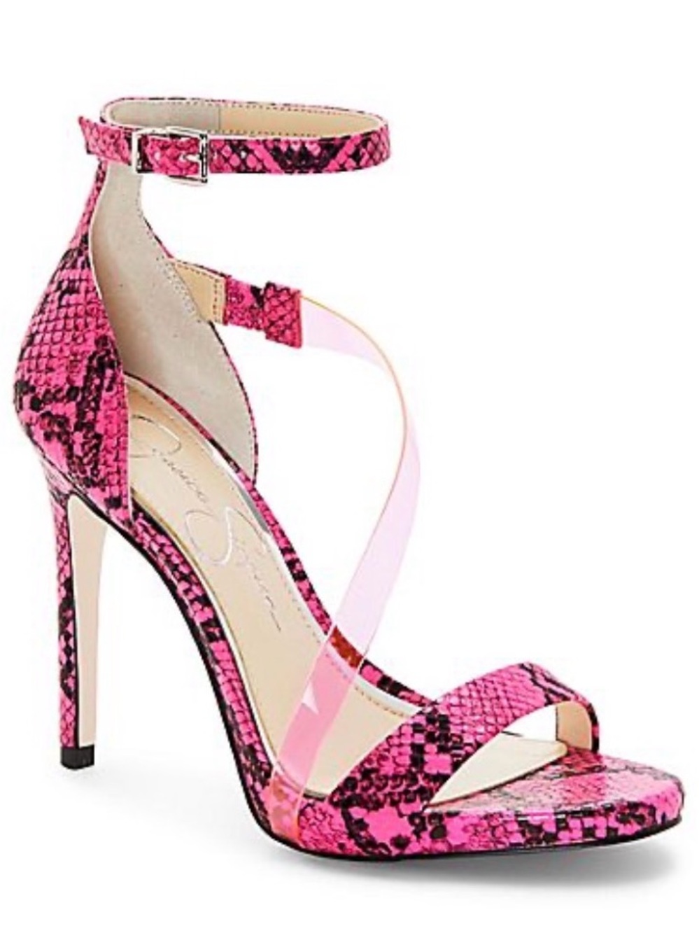 Jessica Simpson Rayli Pink Snake-Print Ankle Strap Stiletto Sandals